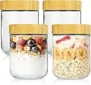 4PCS Airtight Food Storage Containers Set of Glass Spice Jars with Bamboo Lid for Kitchen Use Large Capacity Dry Fruit Snack Storage Jar Overnight Oats Container Mason Jar Ideal for Gifts (500ML)