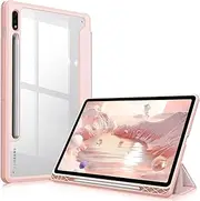 [MOOISVS] Case for Galaxy Tab S9 Ultra/S10 Ultra 14.6", Hard Crystal Clear Back Shell. Flexible Soft TPU Bumper with Pen Holder-Slim Folding Stand Folio Cover Fits Tab S9 Ultra/S10 Ultra, Pink