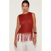Rust Crochet Boat Neck Fringe Top, Rust