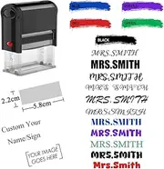 Custom Name Stamp 2.2x5.8cm, Personalized Signature Stamps Self-Inking, Checked by Teacher Seals Date Sign, Customize Design Logo Text, Up to 5 Lines, Black Purple Green Red Blue Ink