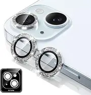 BERFY Camera Lens Protector for iPhone 15/15 Plus, Glitter Bling Aluminum Alloy Metal Ring, 9H Tempered Glass Camera Cover Screen Protector Accessories, Anti-Scratch, Case Friendly, Silver