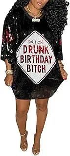 [ENOPINK] Womens Sequin Glitter Shirt Dress - Sexy Floral Letter Print 3/4 Sleeve Mini Dresses for Party Club