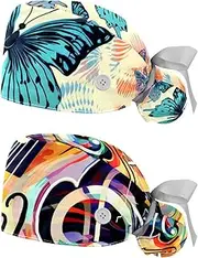 [YTYVAGT] 2-Pc,Nurse Scrub Caps,Scrub Hats with Buttons and Cotton Sweatband,Abstract Colorful Butterflies