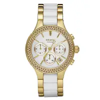 在飛比找Yahoo!奇摩拍賣優惠-DKNY白色陶瓷手錶三眼計時金色商務休閒時尚鑲鉆石英錶防水女