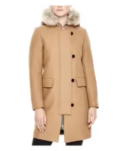 Sandro Women's Camel Kurt Wool Coat with Fur Trim Hood 4 Buttons (40) Authentic