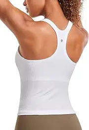 [CRZ YOGA] Seamless Ribbed Womens Tank Top Racerback Camisoles with Built in Bra Padded Scoop Neck Athletic Workout Slim Cami