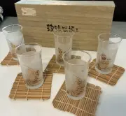 Japan Vintage TOYO GLASSES Gold Frosted - w/ Bamboo Coasters - New Set of 5