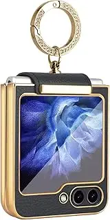 [XIMAND] for Samsung Galaxy Z Flip 5 with Luxury Sparkle Ring and Black Soft Leather,Golden Bumper Shockproof Protector,Great for Women Ladys Grils