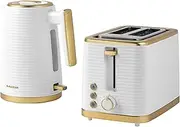 Salter COMBO-7996 Palermo Electric Kettle and Toaster Set, 2-Slice Toaster with Wide Slots and 7 Browning Functions, 1.7L Cordless Kettle with Boil Dry Sensor and Water Indicator Window, White/Gold