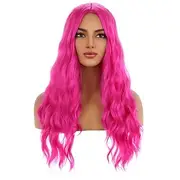 Hot Pink Wig Magenta Wig Long Curly Wavy Pink Wigs for Women Girls Middle Part Heat Resistant Hight Density Synthetic Wigs