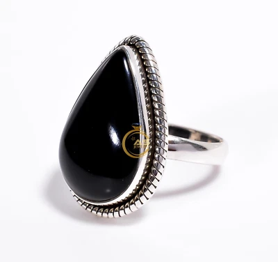 Natural Black Onyx Gemstone Ring 925 Sterling Silver Boho Rings Gift for Her