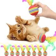 Xinghonyac 10 Pcs Cat Toys, Cat Balls with Feather, Funny Cat Toy, Cat Catch Ball, Interactive Kitten Toys Bouncy Balls for Indoor Outdoor Playing Training