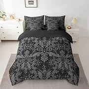 Feelyou Jacquard Damask Bed in a Bag Twin Size Vintage Floral 7 Piece Bedding Set for Boys Girls Decor Boho Damask Bed Set Includes Comforter, Sheets, Pillowcases & Pillow Covers Bats Bedroom Decor