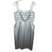 NWT Adrianna Papell Metallic Silver Shantung Silk Beaded Sheath Dress 10