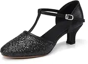 [YCALCP] Women Latin Dance Shoes Glitter Closed Toe T-Strap Performance Ballroom Salsa Tango Modern Party Dancing Shoes,Model FT-135