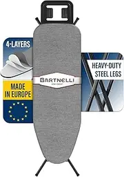 [Bartnelli] Ironing Board Made in Europe | Iron Board with 4 Layered Cover & Pad, Height Adjustable up to 36" Features A Safety Iron Rest, 4 Steel Legs, for Home Laundry Room or Dorm Use (43x14)