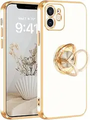 [Fingic] for iPhone 12 Case with 360° Rotatable Ring Holder Magnetic Kickstand, Shiny Plating Gold Edge, Slim Soft TPU Shockproof Protective Cover for Women, Men, White