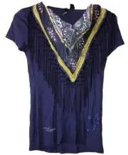 DESIGUAL XL NWT Fringed V Navy Blue Womens Blouse Top Viscose