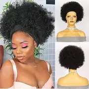 Kinky Curly Wig Black Headband Wigs for Women Short Hair Afro Headband Wig Curly Natural Afro Wig with Headband Attached Short Synthetic Afro Curly Headband Wigs Natural Black Half Wig (Black, 6 inch)