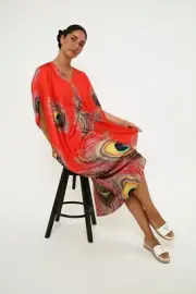 Women's Red Peacock Feather Silk Kaftan Dress 3/4 Sleeve One size