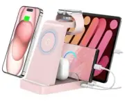 Wireless Charger for iPhone - 5 in 1 Charging Station for Multiple Devices Pink