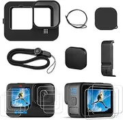 Silicone Sleeve Case Black for Go Pro Hero 12 / Hero 11 / Hero 10 / Hero 9 Black, Battery Side Cover Screen Protectors Lens Caps Lanyard for GoPro Hero 12/11/10/9 Black Action Camera Accessories Kit