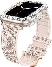 Leather Beaded Bracelet for Apple Watch Band 45mm 44mm 42mm 41mm 40mm 38mm Women Girl, Bling Elastic Stretchy Strap Compatible for iWatch Bands Series 7/SE/6/5/4/3/2/1