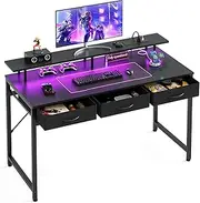 BilySen 120CM Gaming Desk, Computer Desk with Charging Station and LED Light，Home Office Desk with Monitor Stand and 3 Fabric Drawers Storage, Black