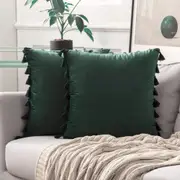Pack of 2 Velvet Soft Solid Decorative Throw Pillows with Tassels Fringe Boho Accent Cushion for Couch Sofa Bed, Army Green