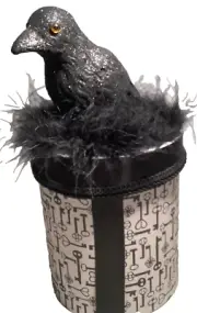 Halloween-Black Raven Crow Nested on Top Cardboard Cylinder with Skeleton Keys!!