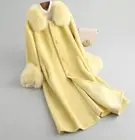 Women's Single Breasted Real Fox Fur Lapel Collar Lamb Fur Wool Long Trench Coat