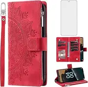 [Asuwish] Phone Case for Nokia G60 5G Wallet Cover with Tempered Glass Screen Protector Wrist Strap Mandala Flower Flip Zipper Credit Card Holder Slot Stand Cell NokiaG60 G 60 60G Women Men Red