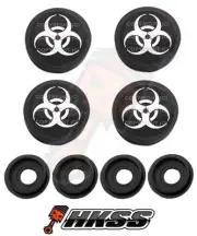 4 Black Custom License Plate Frame Tag Screw Cap Covers - WHITE BIO HAZARD MC6