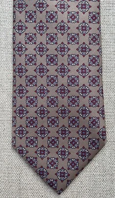 Vintage David Lawrence Silk Foulard Tie Taupe Red Blue Geometric 3.25"x58"w/ Tag