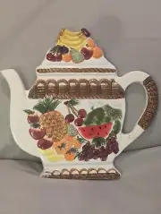 New Ceramic Trivet Teapot Shaped W/ Fruit Designs. Could Be Used As Wall Decor.