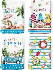 Arquiel Set of 4 Tea Towels Kitchen Towels Summer Beach Gnome Decorative 100% Cotton 48 x 70 cm Dry Towels Absorbent Gift Kitchen Spring Summer Decoration
