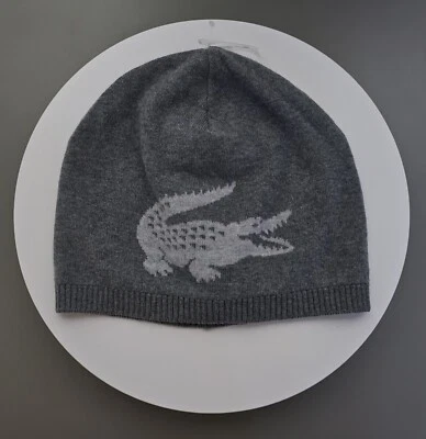 New Lacoste Made In France Gray Unisex Contrast Crocodile Reversible Beanie