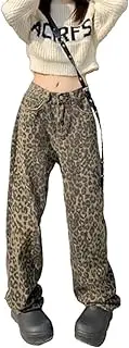 [Dynict] Unisex’s Goth Straight Wide Leg Jeans Hip-HOP Leopard Print Casual Loose Beggy Vintage Oversize Denim Pants.