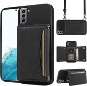 [ELISORLI] Phone Case For Samsung Galaxy S23 5G Wallet Cover with Crossbody Shoulder Strap and Leather Credit Card Holder Pocket Slim Cell Accessories S 23 23S GS23 G5 SM-S911U 6.1 inch Girls Black