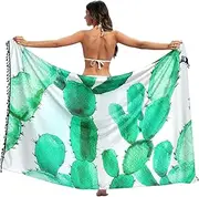 [RPLIFE] Green Cactus Bathing Sarong Fringe Printed Sarongs Beach, Large, Green Cactus 1, Large