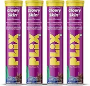 PLI'X Glowy Skin Tablets, 500mg Glutathione, Vitamin C, E and Hyaluronic Acid, 60 Fizzy Effervescent, Grape Flavour, Pack of 4