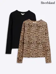 River Island Leopard/Black 2 Pack Rib Long Sleeve Tops (AM8392) | $69