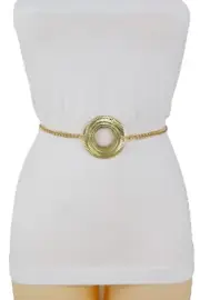 Women Special Fashion Belt Gold Thin Metal Chain Big Round O Charm Buckle M L XL