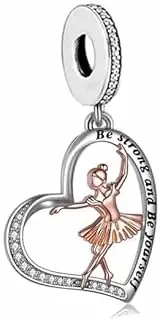 [Mon & Sons] Ballet Ballerina Dance Be Strong Be Yourself Rose Gold Love Heart Charm Bead Pendant 925 Sterling Silver Dangle Compatible With Pandora Charm Bracelet, Metal