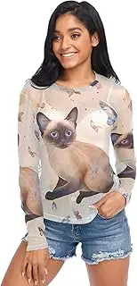 [RPLIFE] Cute Cat Butterfly Sheer Shirts, Sheer Sleeve Top S-XXL