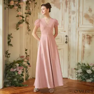 OMUSES 手工蕾絲拼接緞粉色長禮服