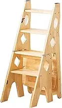 4 Step Library Step Stool, Folding Ladder Chair, Adult Solid Wood Folding Ladder Stool for Home Office Library Kitchen Loading 150KG(Color 2)