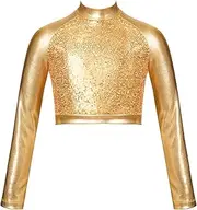 [Aislor] Kids Girls Shiny Sequins Crop Top Shirt Mock Neck Long Sleeve Fully Lined Dancwear for Stage Performance