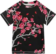 [ODAWA] Red Flowers Branches Black Kids Swim Shirt Boys and Girls Rashguard Swimming Tee Shirt Swimming Shirts