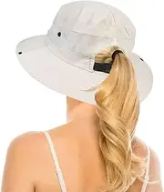 [Vikodah] Womens Summer Quick-Dry-Sun-Hat Outdoor Mesh Wide Brim UV-Protection Beach Fishing Hat with Ponytail Hole Foldable